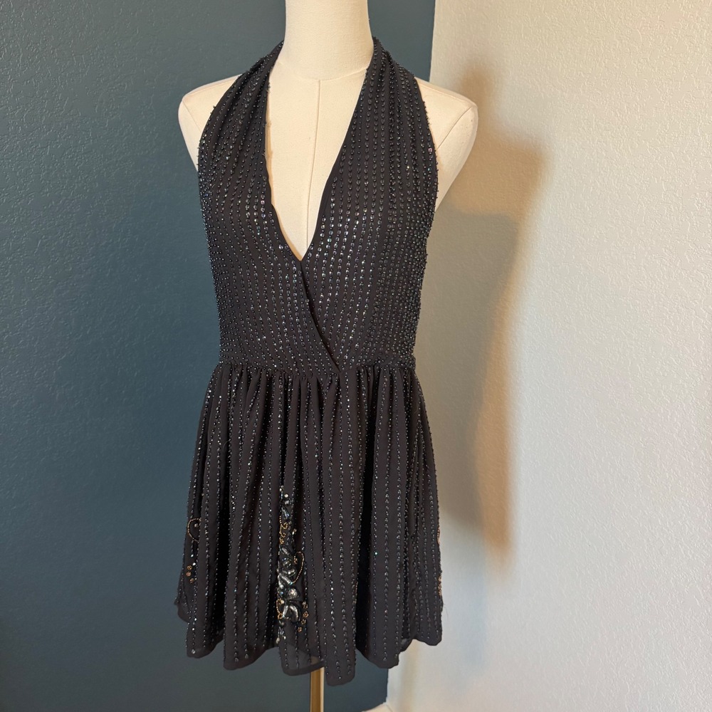 Boho Beaded Party Halter Mini Dress Altar'd State XS Charcoal Grey